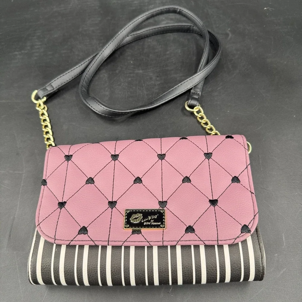 Luv Betsey by Betsey Johnson WOMENS Pink Black White Heart Quilted Crossbody